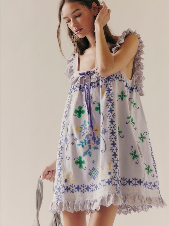 Free People Dresses & Skirts - New no tag free people Bali main squeeze Lavender Embroidered Ruffle Mini Dress